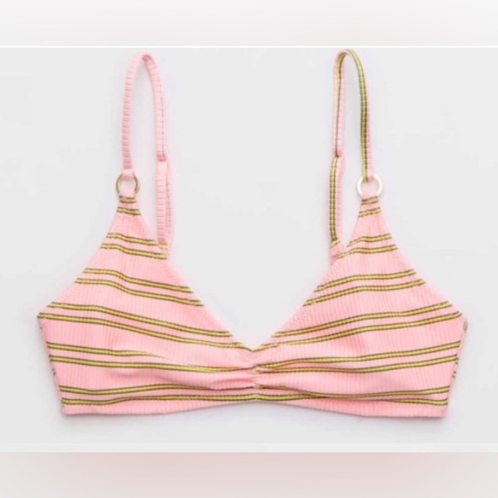 NWT Aerie Beach Babe Shine Rib Voop Bikini Top in Pink Stripe - Size XXS